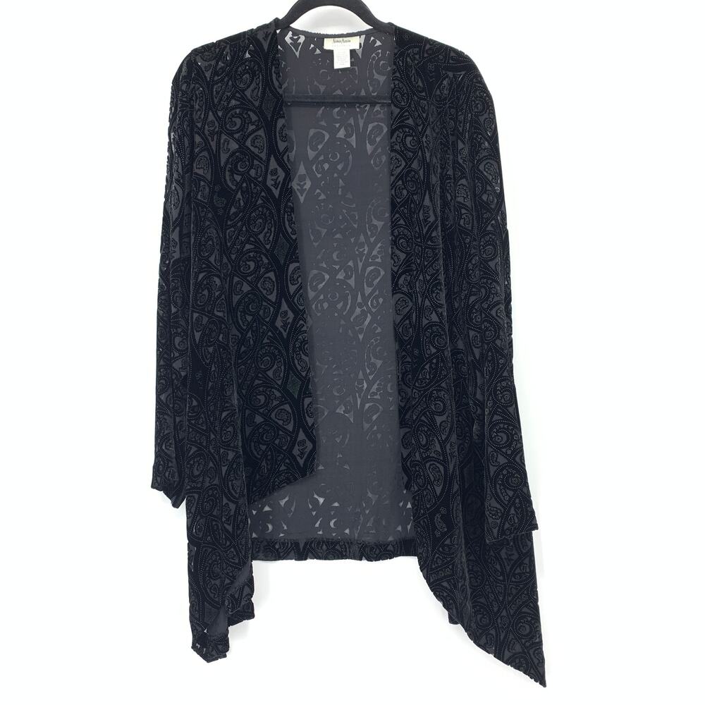Neiman Marcus Cardigan L Black Silk Blend Velvet Burnout Sheer Contrast Stitch